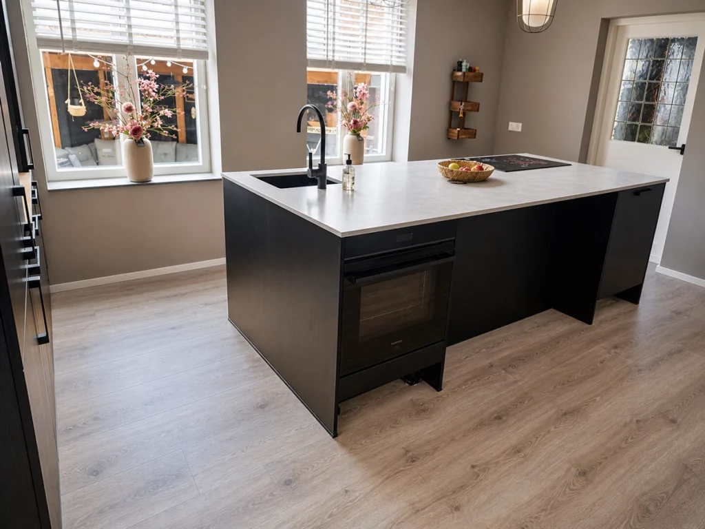 Keuken met de Floer Hybride Laminaat Steden vloer in Leiden Lichtbruin Eiken, de vloer die de winnares van de Floer winactie koos
